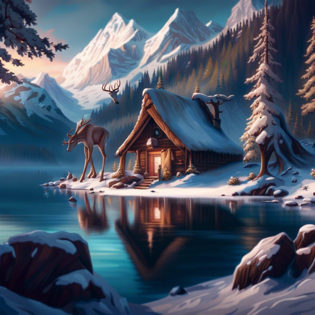 Snowy Mountain Lake Hut in High Fantasy Style