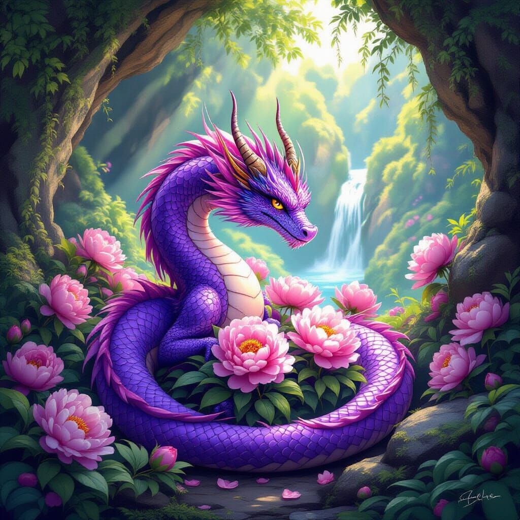 Purple Dragon Protecting Peonies: Fantasy Art Nouveau Style