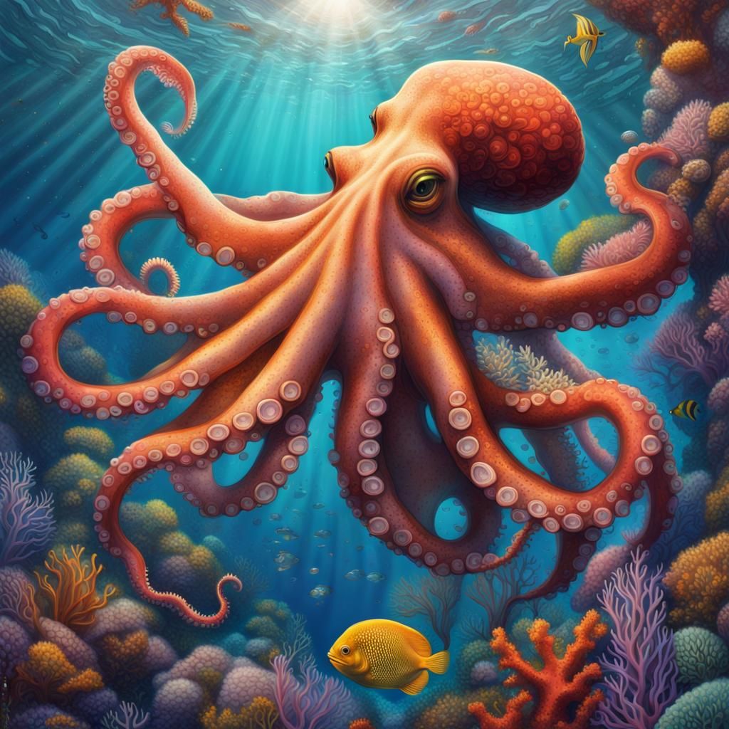 Giant Octopus Hugs Mermaid in Colorful Coral Reef