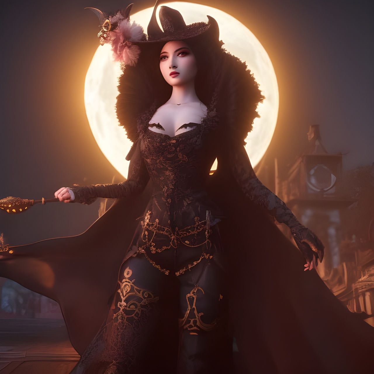 Rococo Demon Witch in Moonlit Street