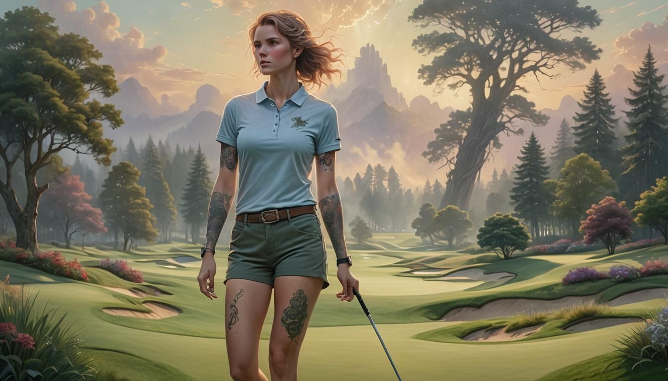 Tattooed Woman on Golf Course in Oil Painting Style
