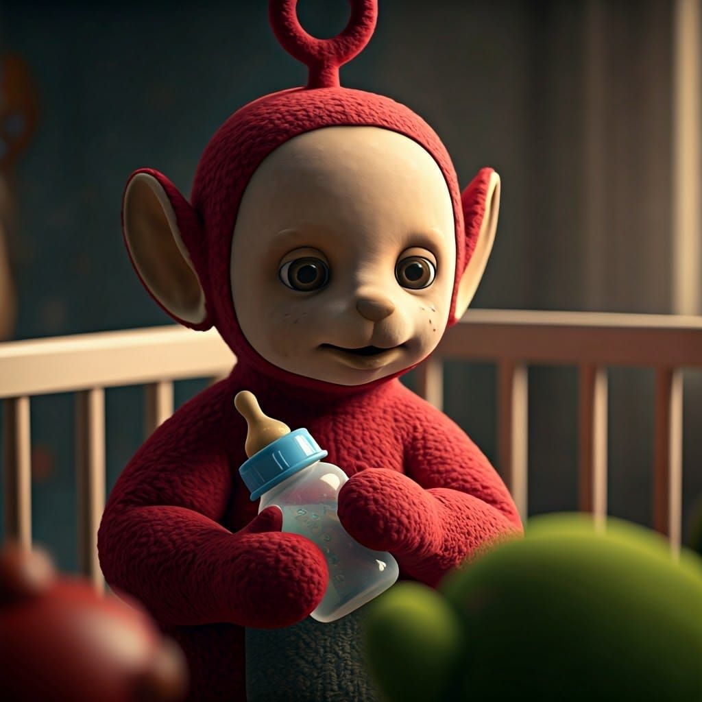 Hyperrealistic Teletubby Portrait in a Crib with Baby Toys
