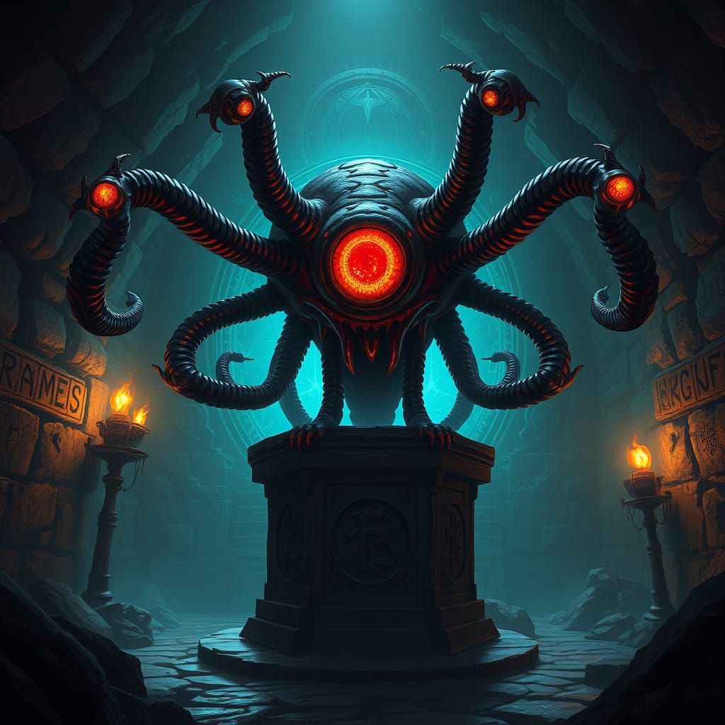 Cyberpunk Beholder in Dungeonsque Environment
