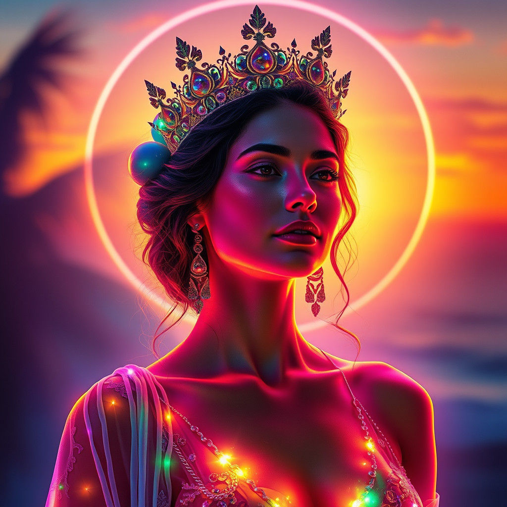 Woman Radiating Electric Aura in a Tropical Sunset