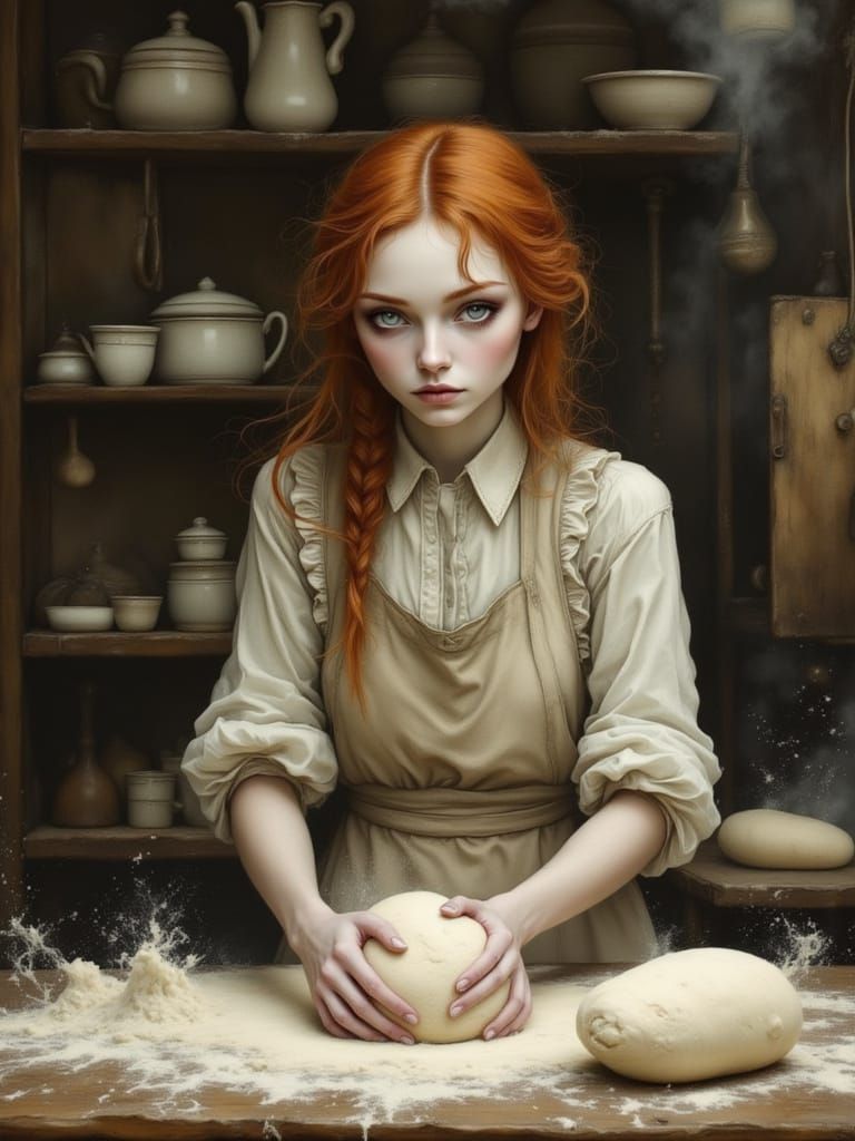 Redhead Baker Kneading Dough in Moody Kitchen