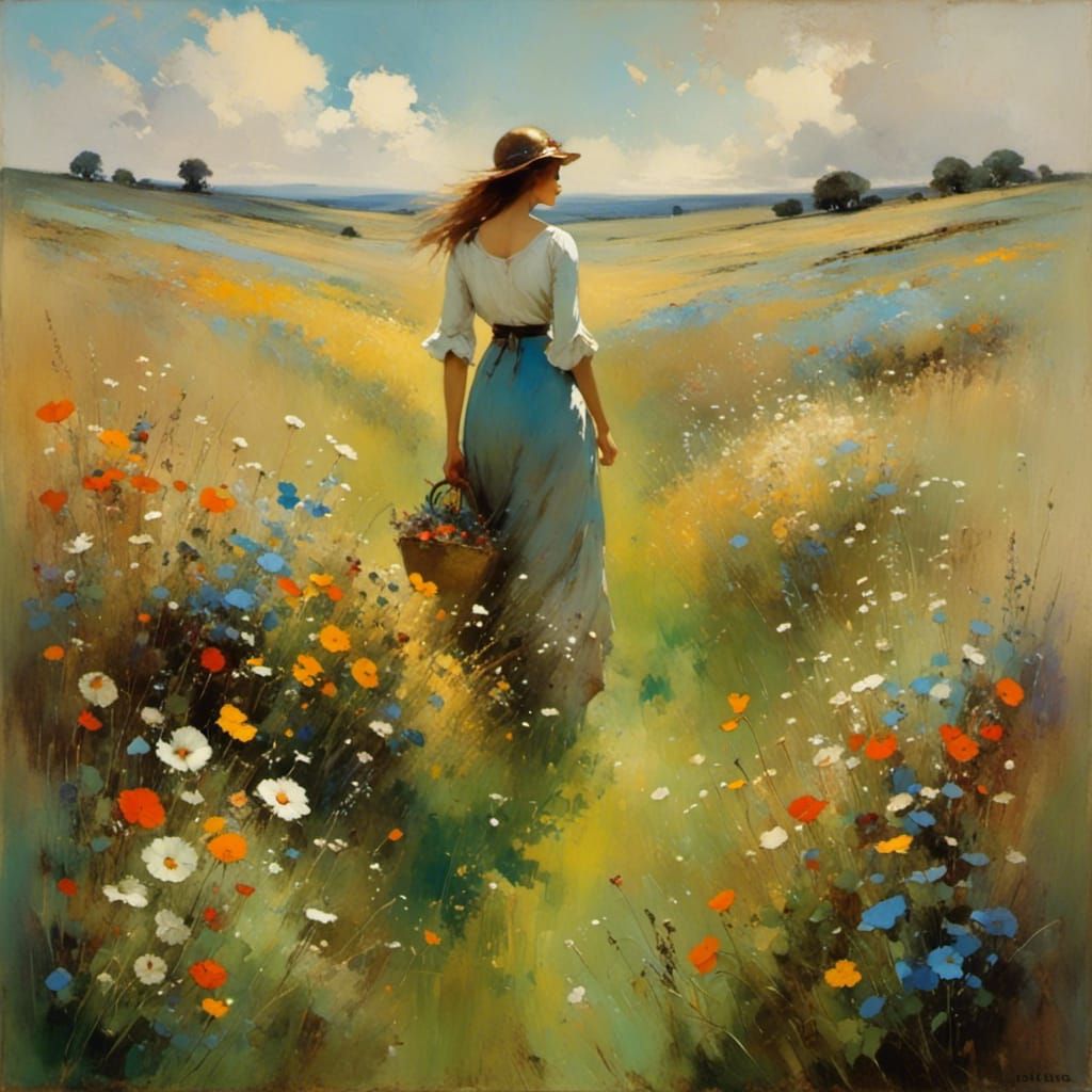 Woman Strolling Through a Colorful Flower Meadow