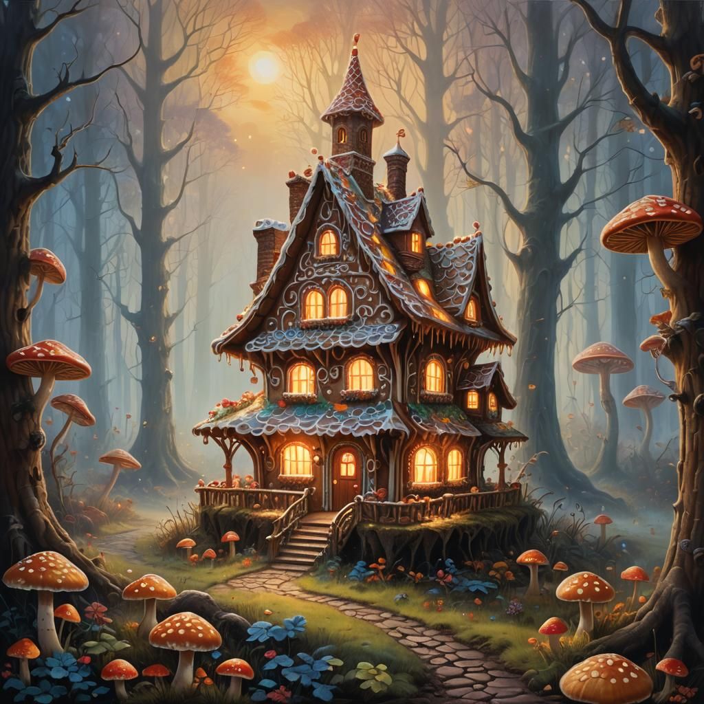 Gingerbread House in Misty Forest, Ethereal Fantasy