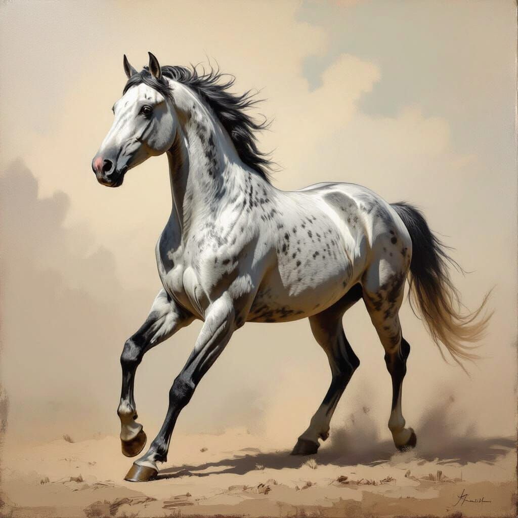 Elegant Grey Horse Trotting in Dramatic Light, Oil Painting ...