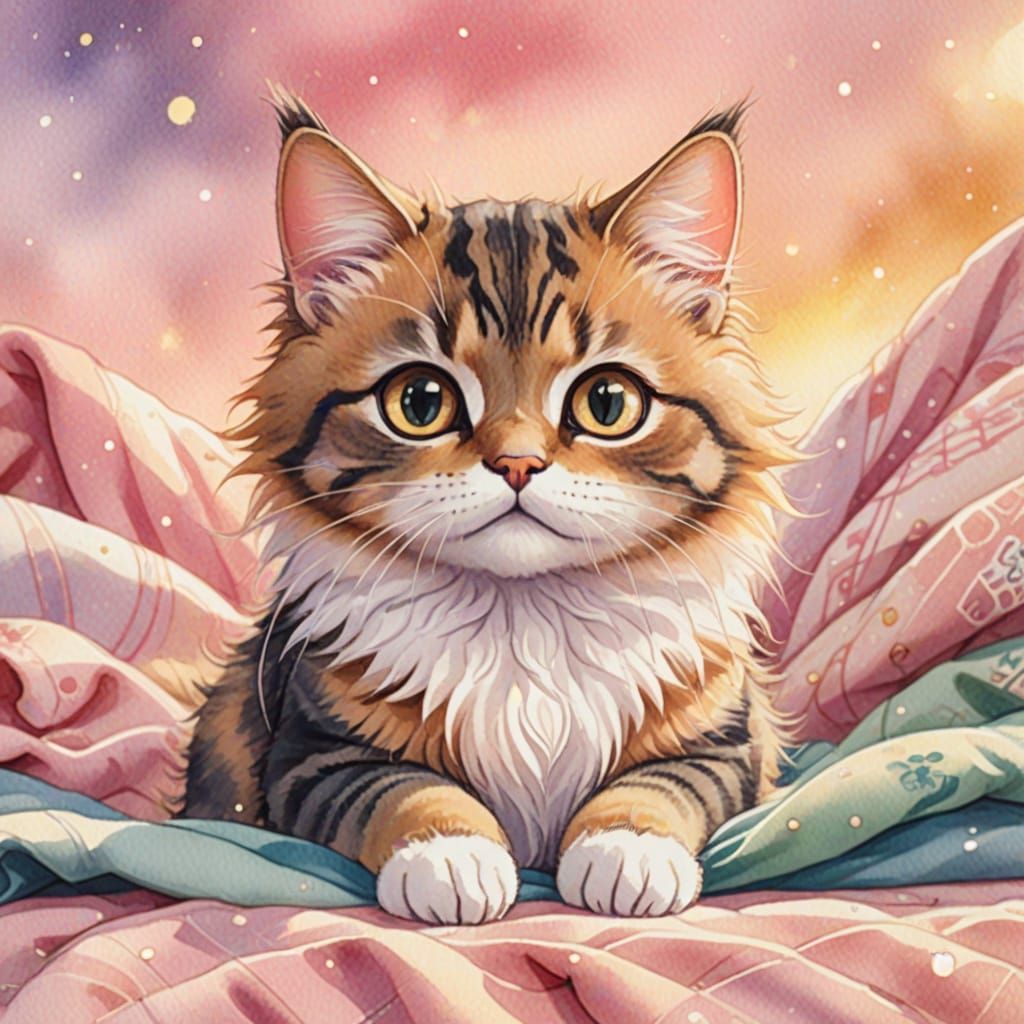 Kawaii Cat in Pastel Watercolor Anime Style