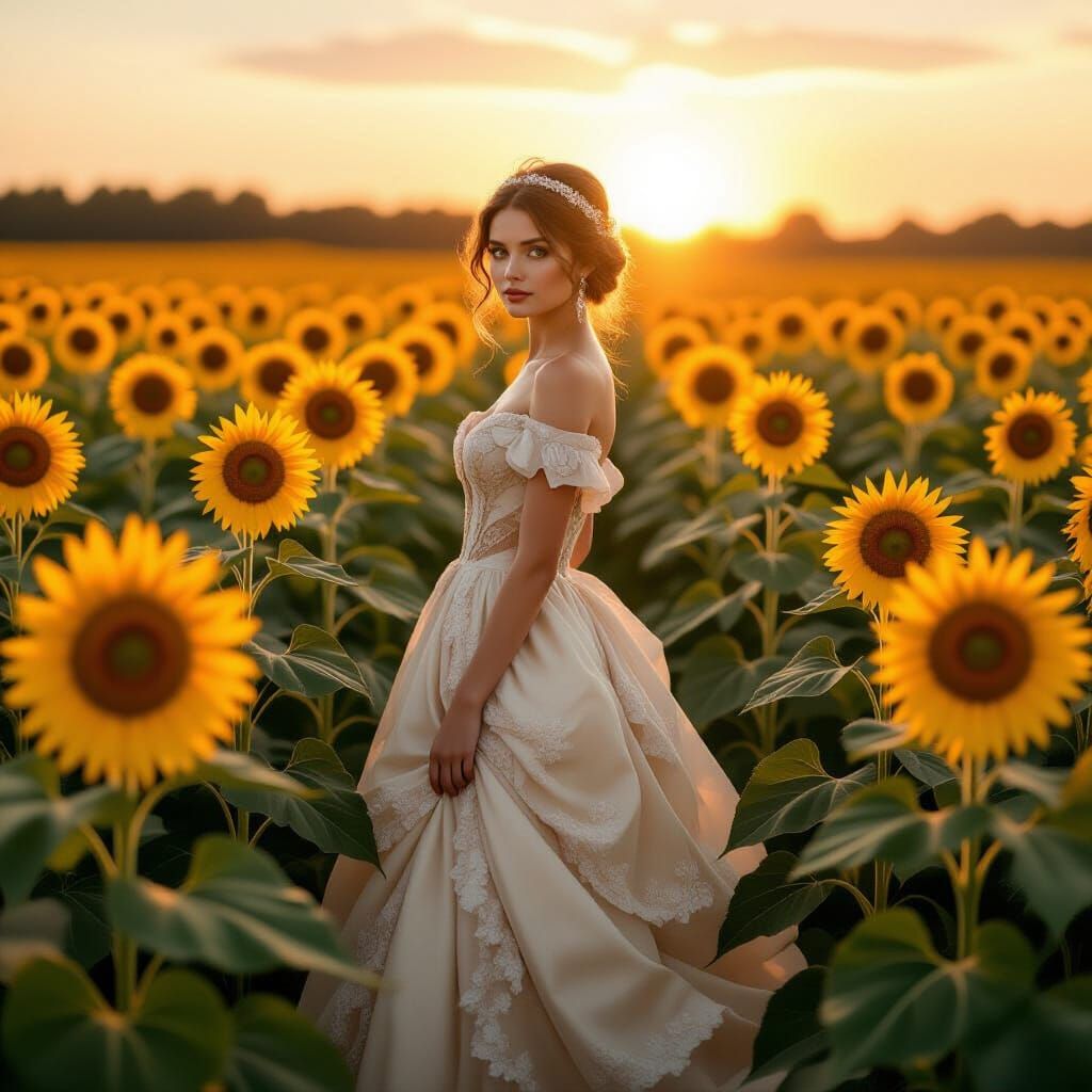 Art Nouveau Woman in Sunflower Field, Analog Style
