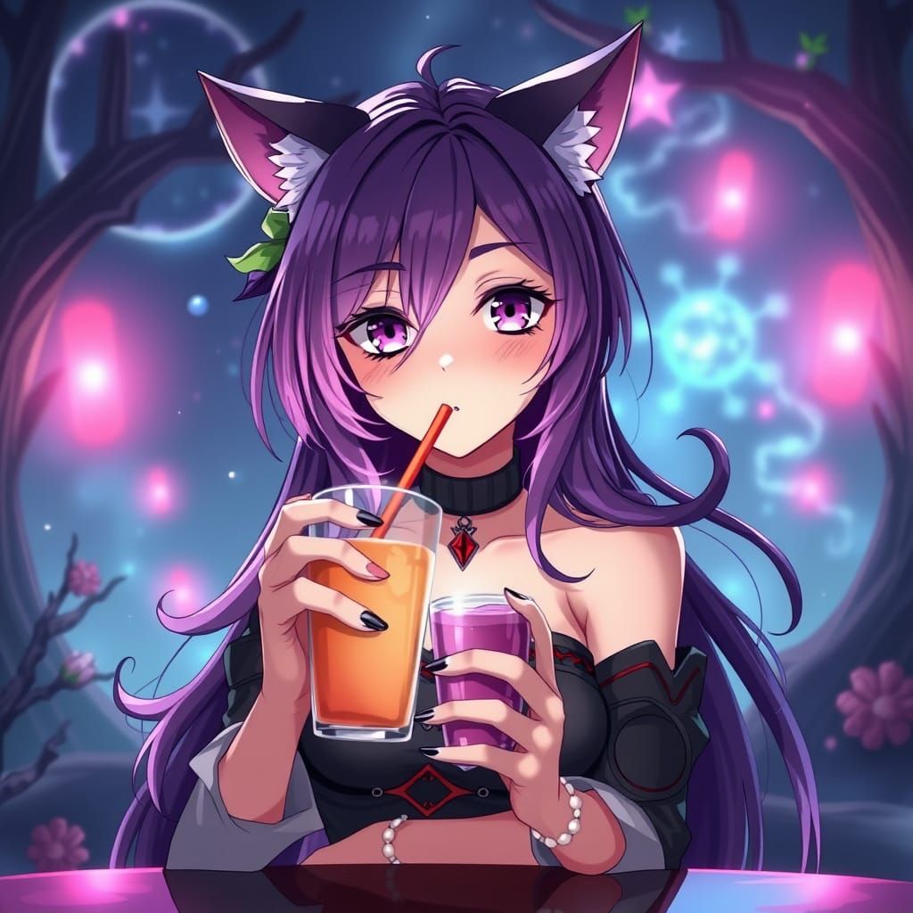 Anime Woman with Cat Ears in Fantasy World