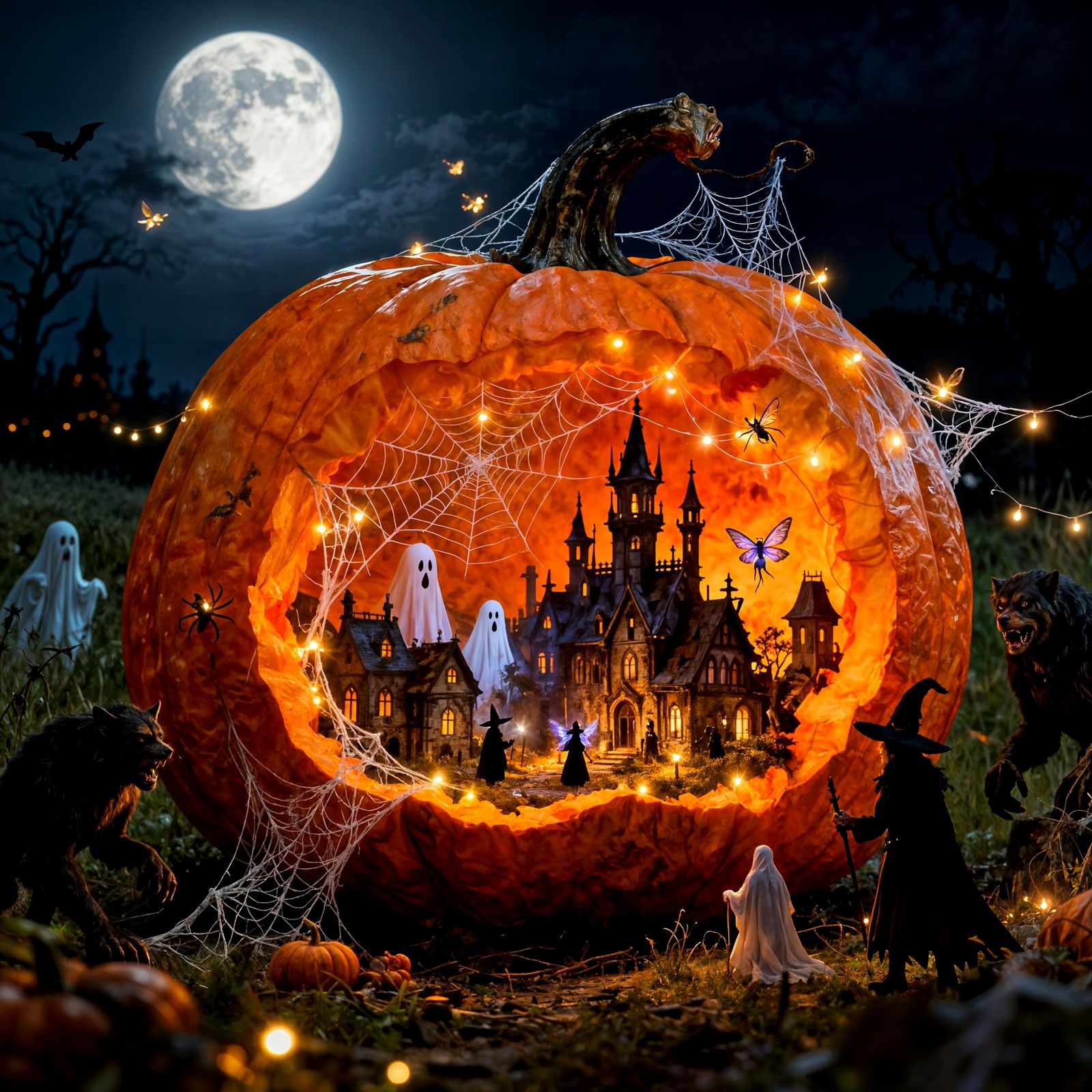 Gothic Town Inside Giant Pumpkin at Night