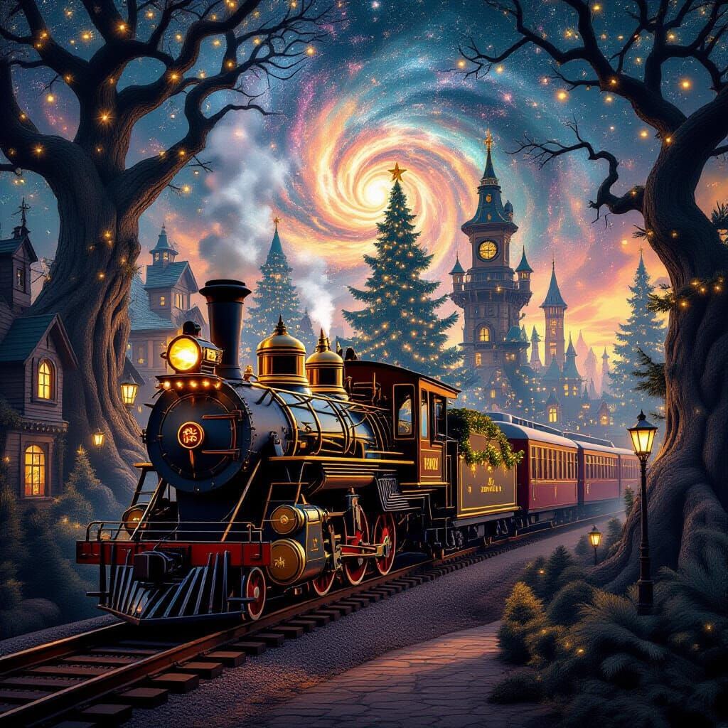 Vintage Train in Whimsical Tree City with Cosmic Sky