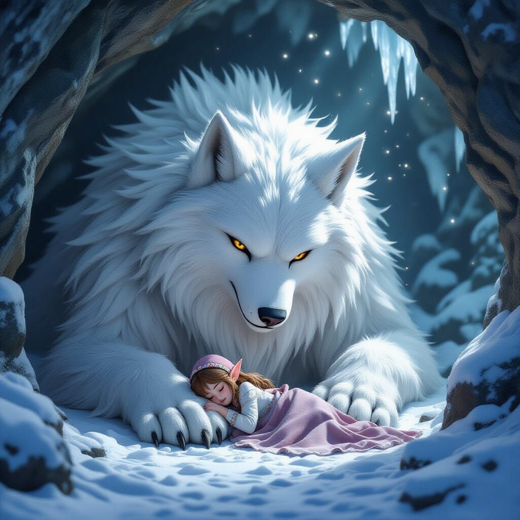 Gentle Giant Wolf Protects Sleeping Elf, 3D Anime Art