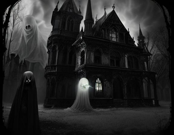 Creepy Ghostly Figure Outside Gothic Horror House