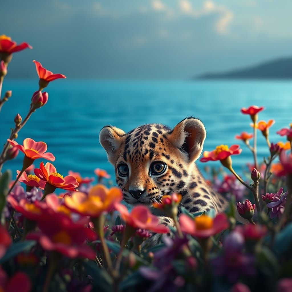 Dreamy Fantasy Landscape with Baby Leopard and Vibrant Flowe...