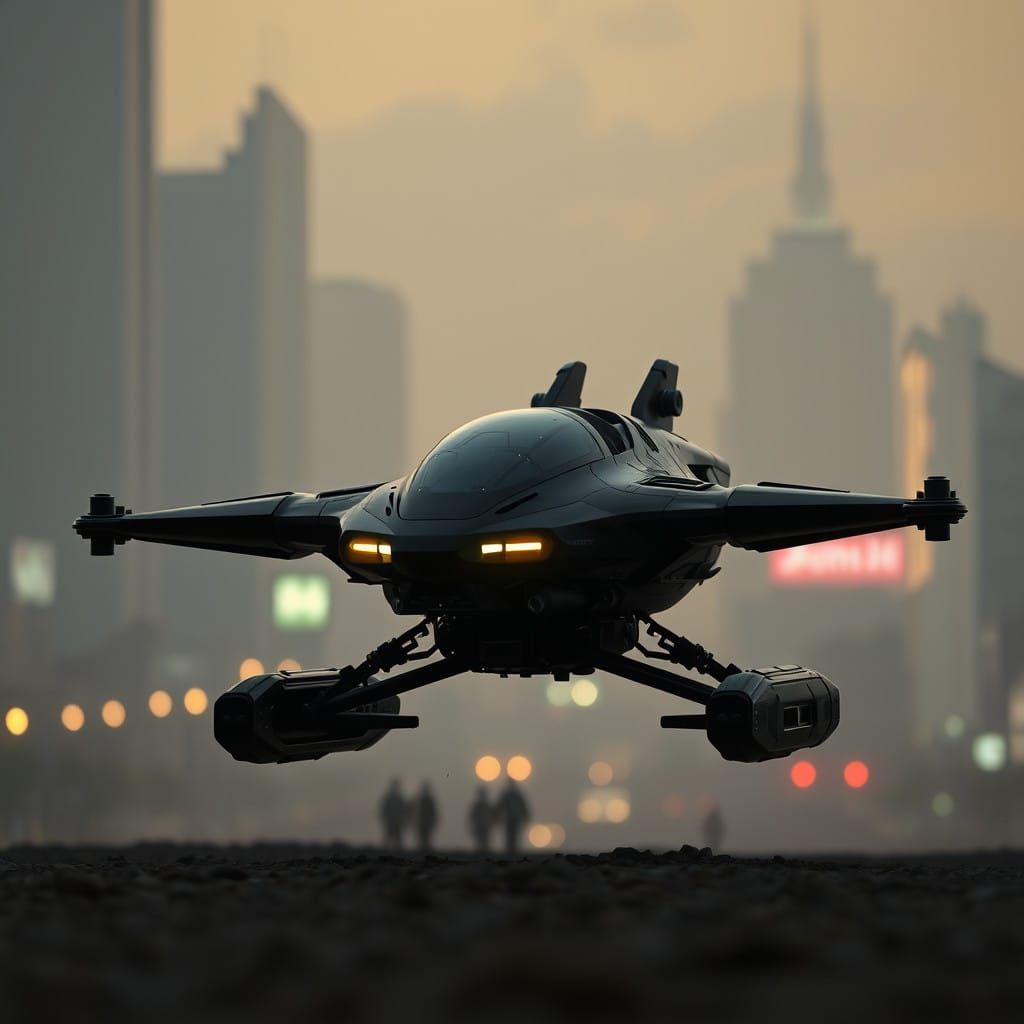 Epic Futuristic Hover-Speeder in Hazy Cyberpunk Cityscape