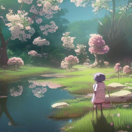 Ghibli-Inspired Anime Landscape with Roses and Pond