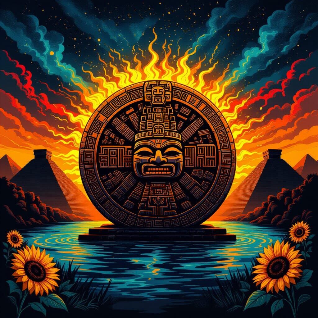 Aztec Sun Stone Myth: Fiery Oranges and Ominous Glow