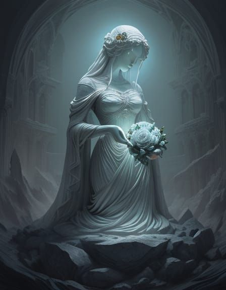 Stone Rose Holds Ethereal Figure in Gothic Fantasy Art