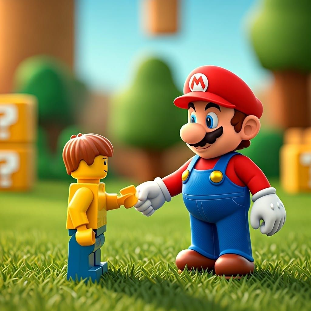 Mario Shakes Hands with a Miniature Friend in a Whimsical In...