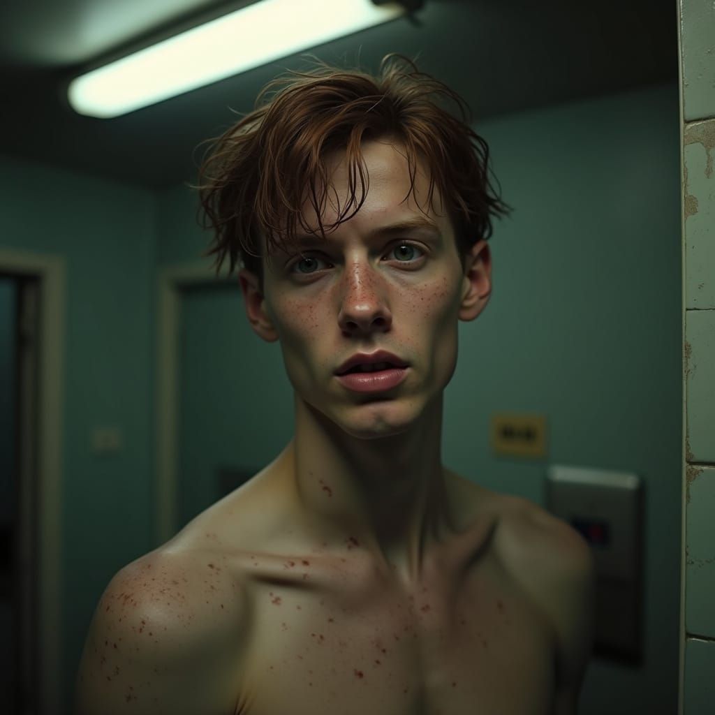 Handsome Young Man with Damp Red Hair in Gritty Bathroom