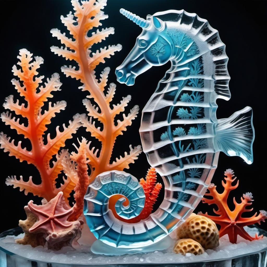 Intricate Translucent Ice Seahorse Sculpture in 4K