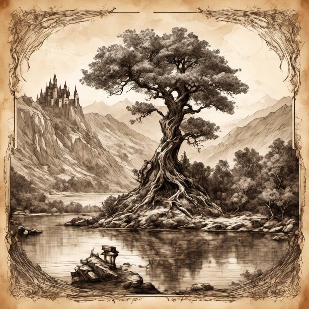 Methuselah Tree Landscape as Ancient Scroll Illustration