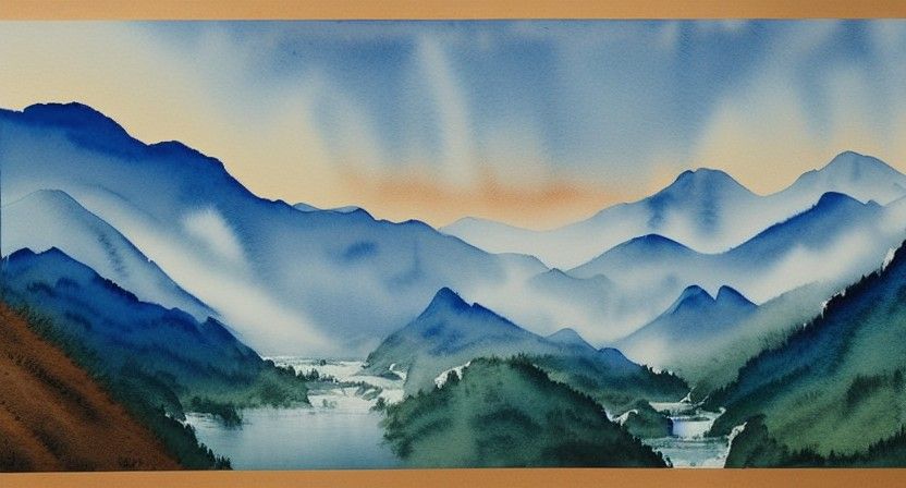 Watercolor Sunrise Over Rugged Mountain Landscape