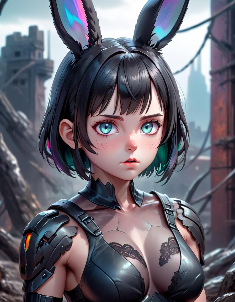 Armored Bunny Girl with Heterochromia in Ruins
