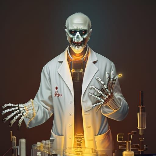 Grinning Scientist with Glowing Skeleton by Rutkowski
