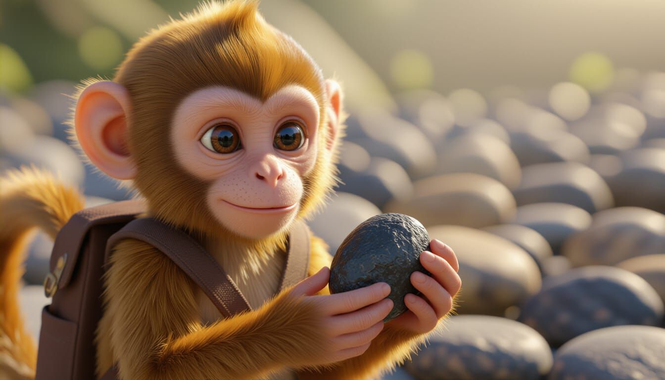 Monkey's Paw Holds Rough Pebble in 3D CGI Style