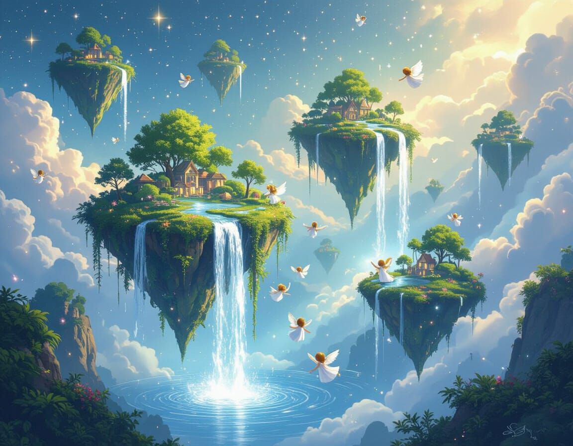Floating Islands in Space with Angels, Ethereal Art