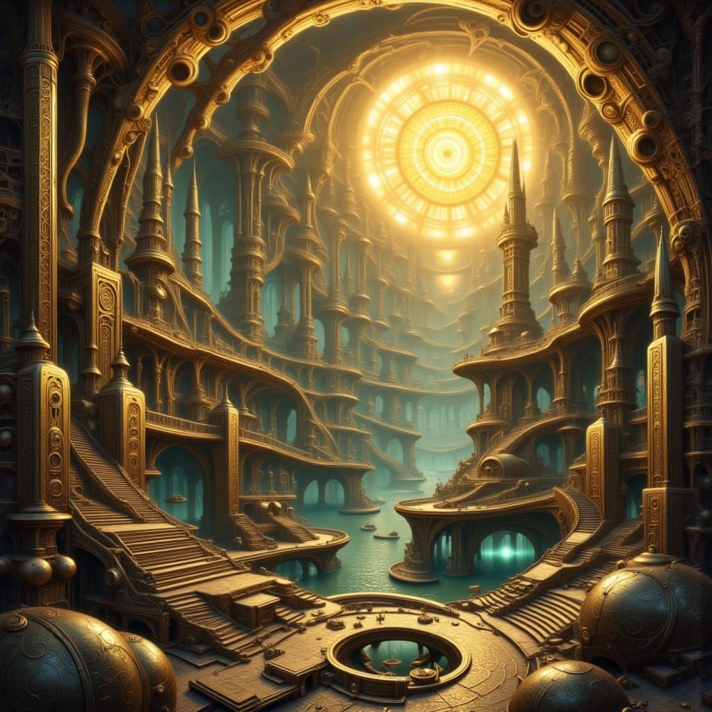 Dieselpunk Robot Sunrise in Huge Cavern