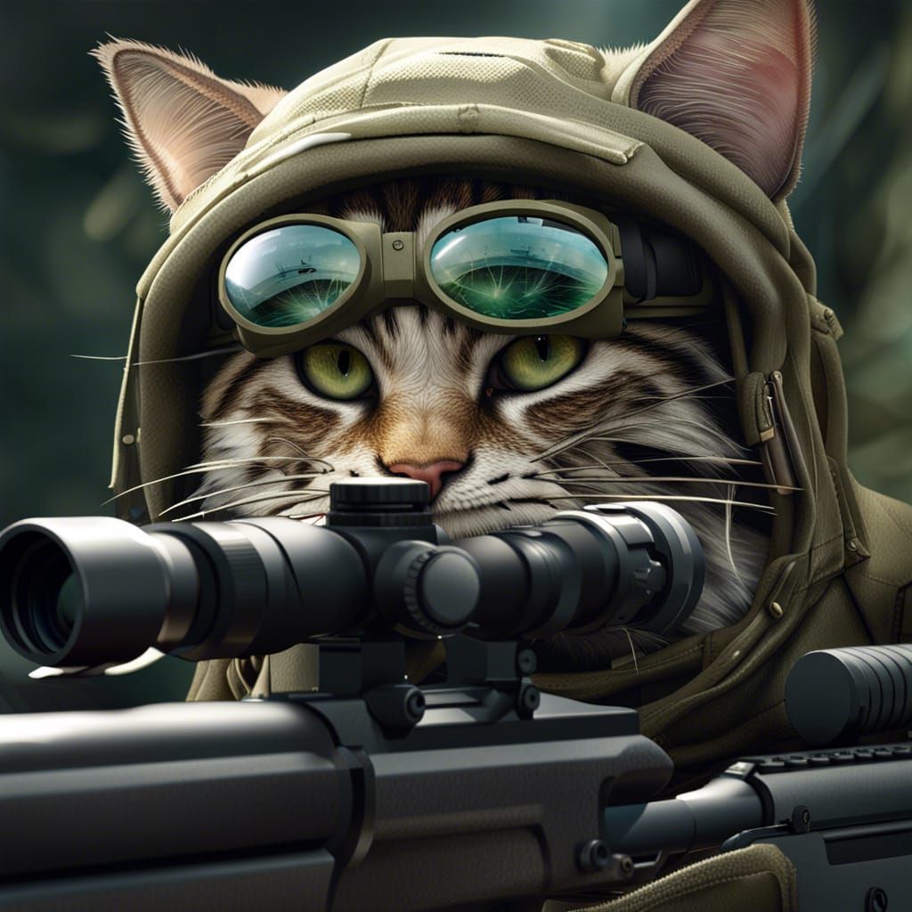 Hyperrealistic Cat Soldier Aiming Sniper Rifle