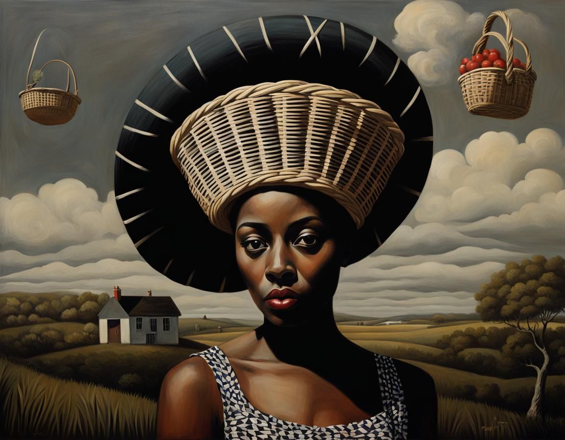 Woman with Basket: Surrealist-Inspired Album Cover