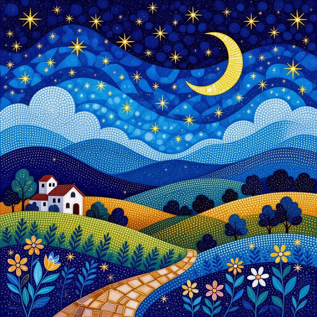 Beaded Village Landscape with Glowing Stars and Moon