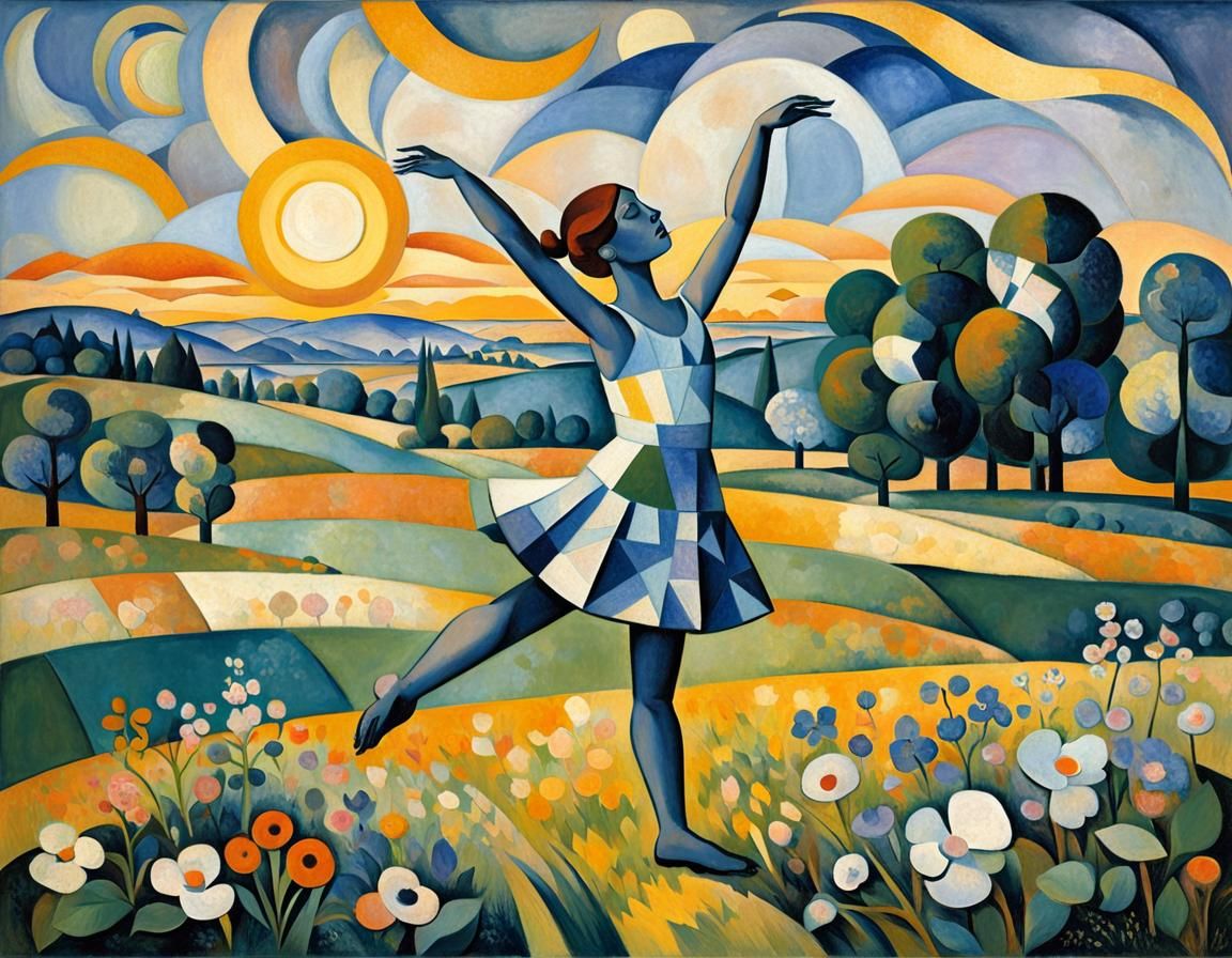 Dancer in Meadow: Cubist Evening Light