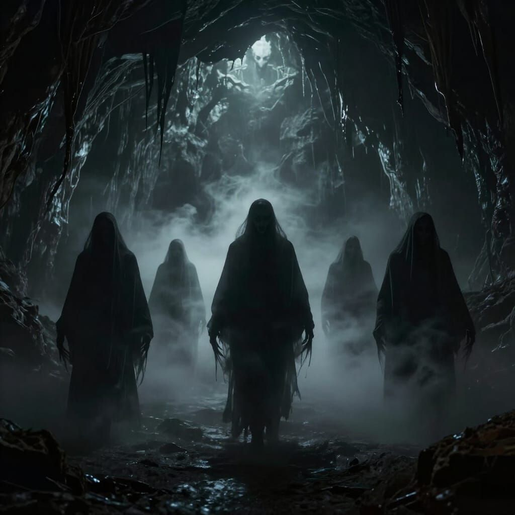 Misty Cavern with Approaching Shadow Figures