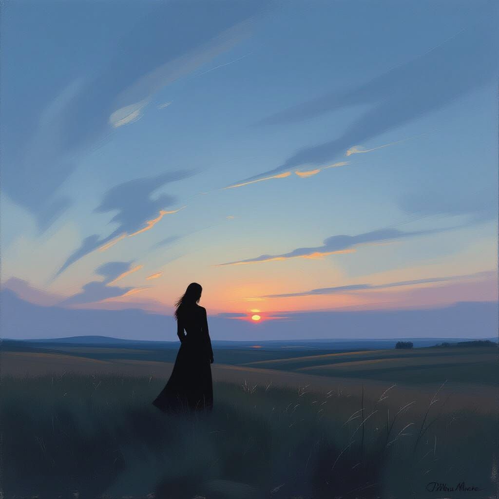 Impressionist Oil Painting of Woman on Windswept Prairie at ...