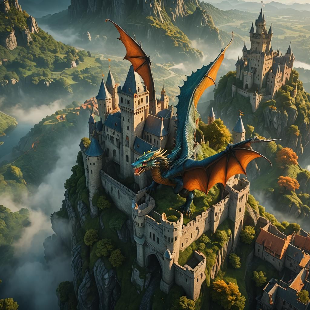 Majestic Dragon Over Medieval Castle in Matte Painting Style