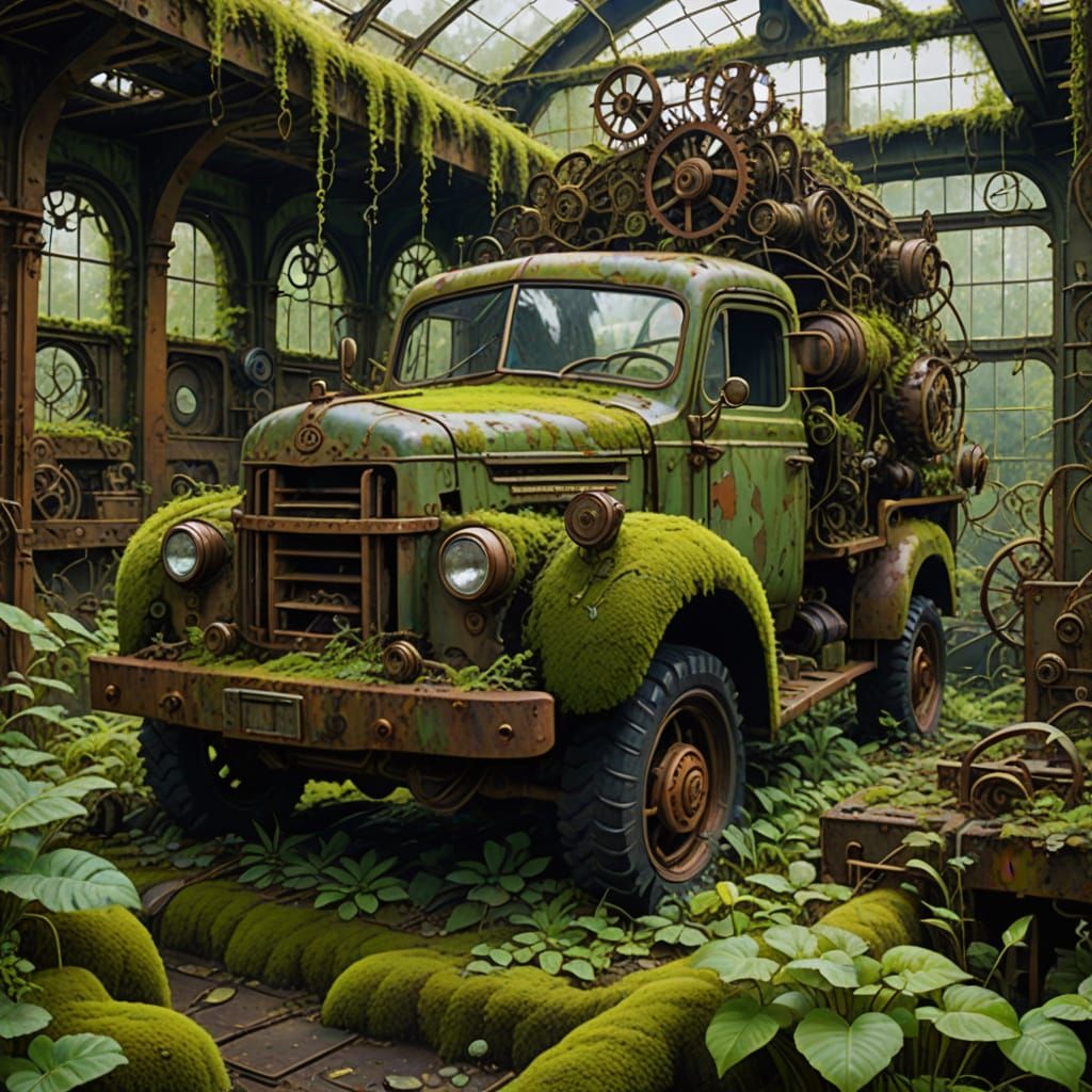 Surreal Clockwork Garden Overgrown with Moss and Vines
