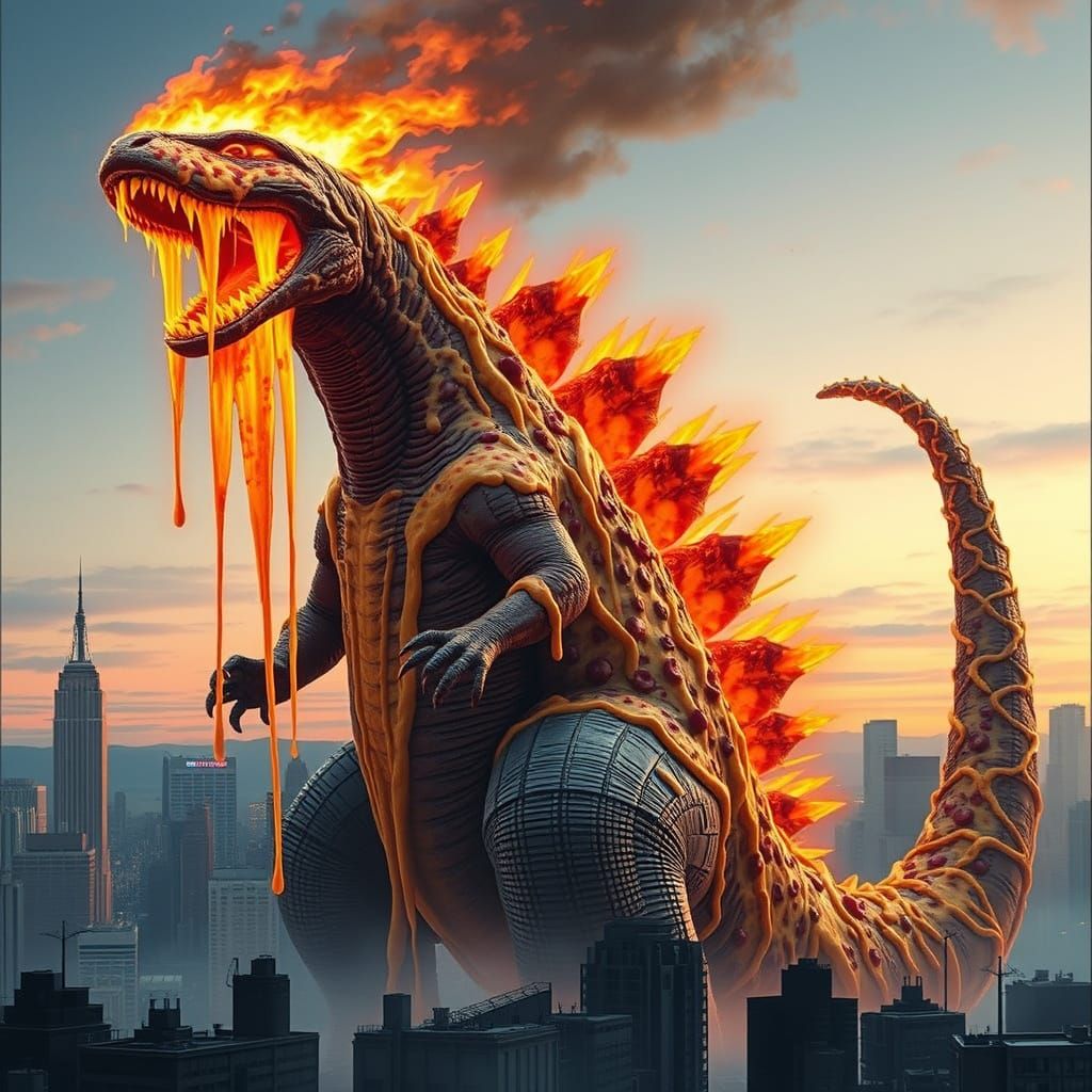 Pizza Godzilla Destroys City in Neon Noir Style