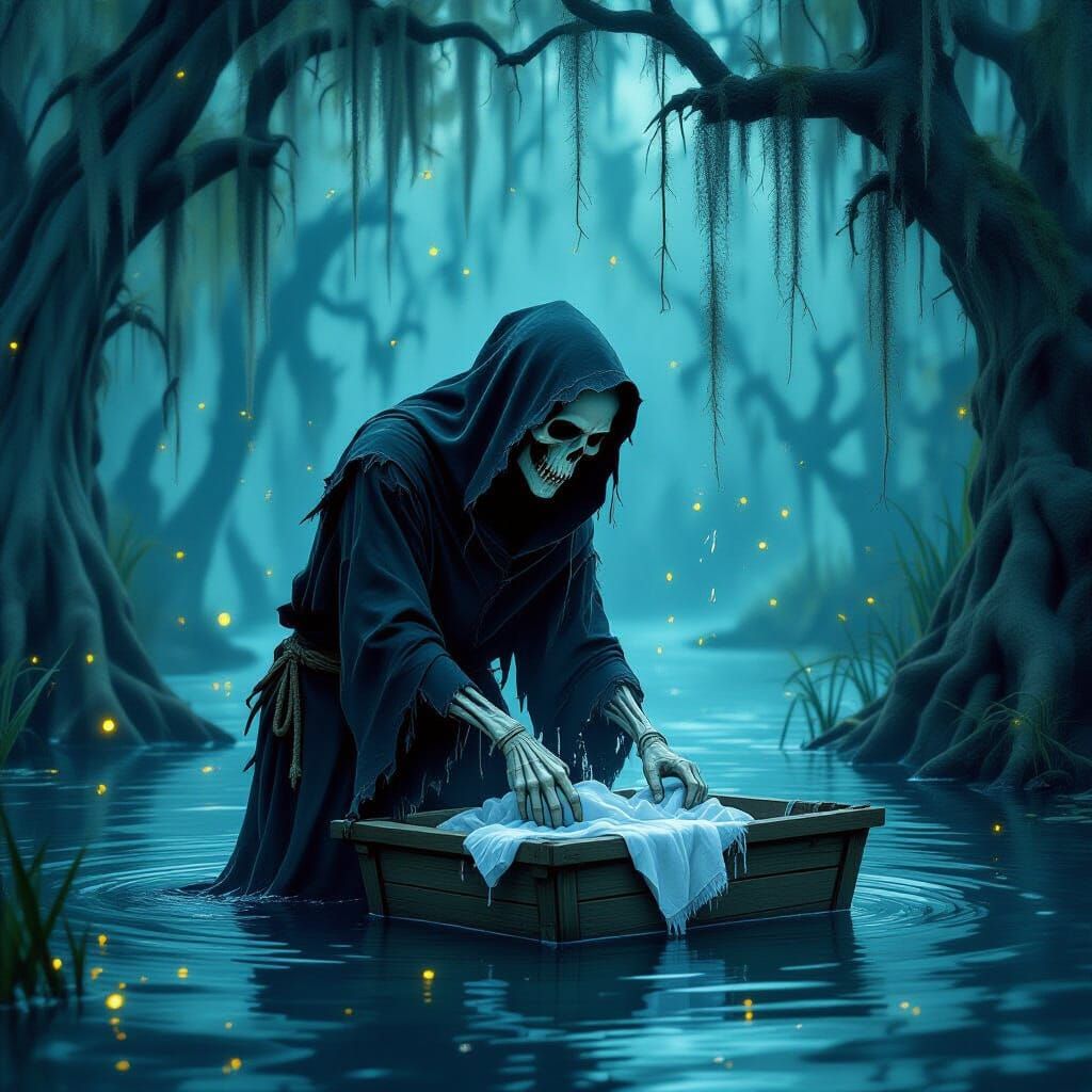 Grim Reaper Washing Clothes in Eerie Bayou Twilight