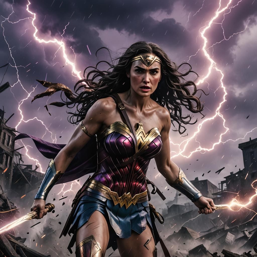 Wonder Woman's Rampage in a Dark Tornado Storm