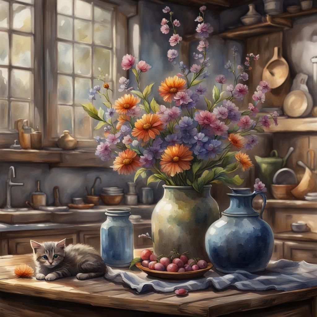 Rustic Kitchen Table with Kitten in Watercolor