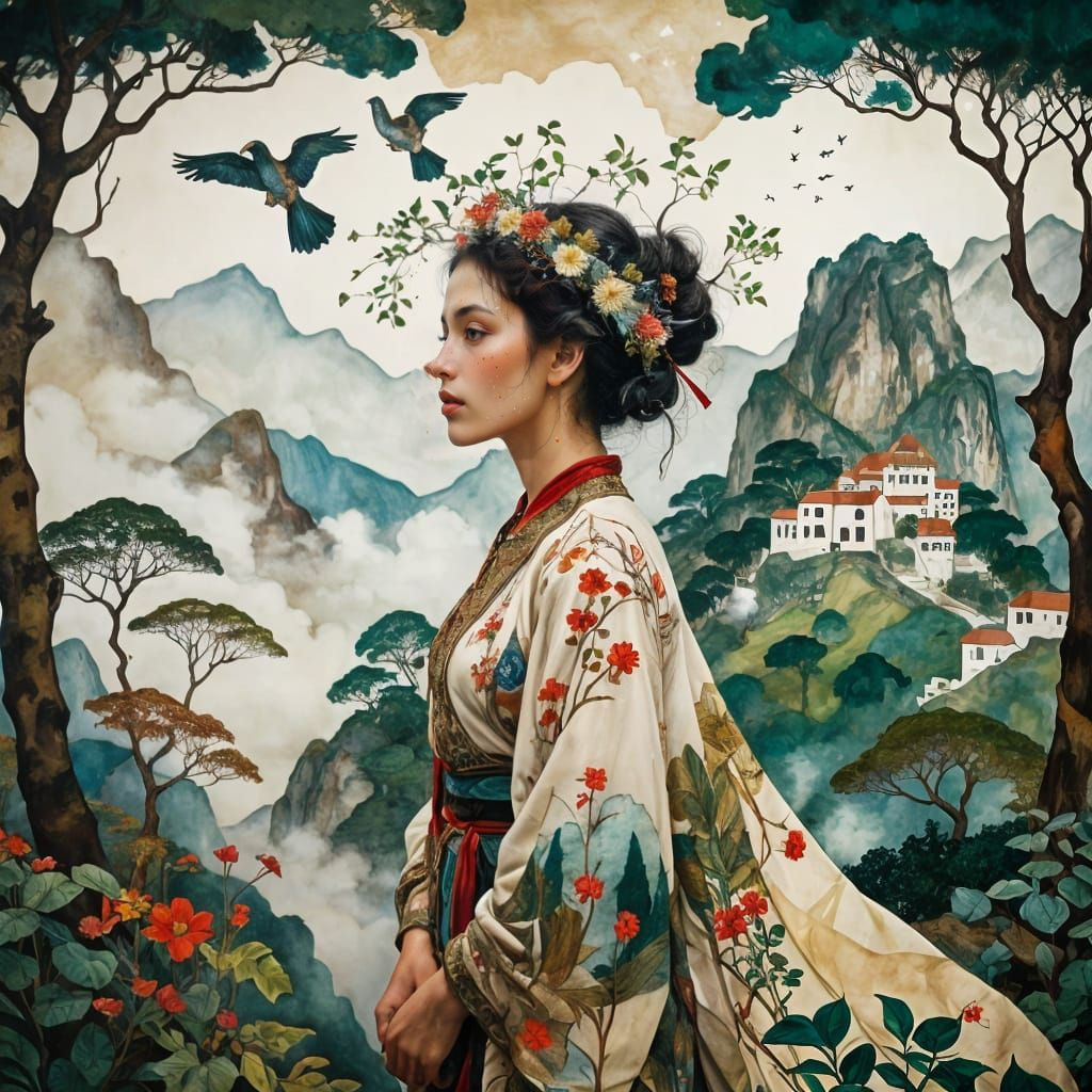 By Egon Schiele and Edmund Dulac:: double exposure beautiful fantasy portrait landscape!! Front view :: Peruvian woman i...