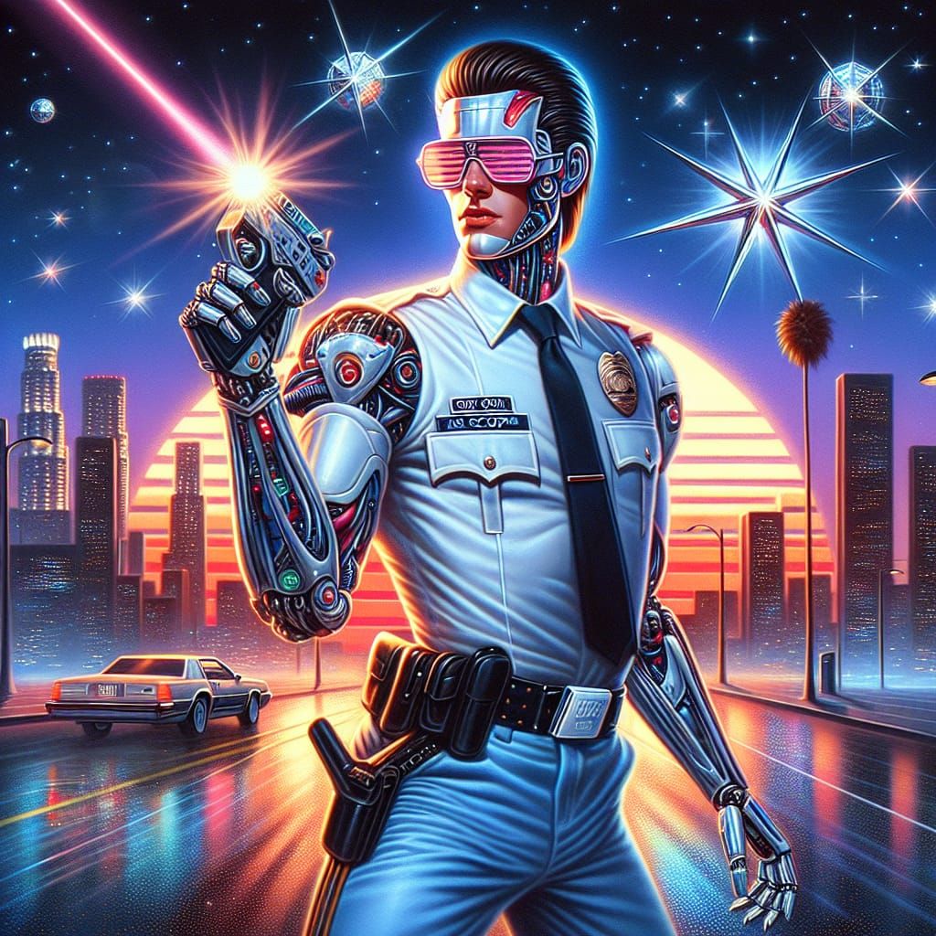 Retro 80s Sci-Fi Cyborg Cop in Oil Painting Style