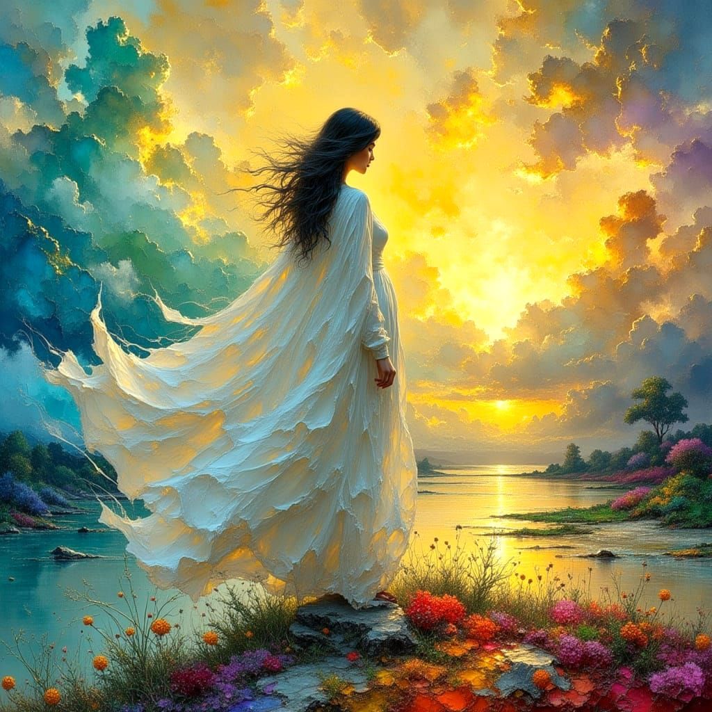 Illuminated World: Impasto Oil Painting with Crepuscular Ray...