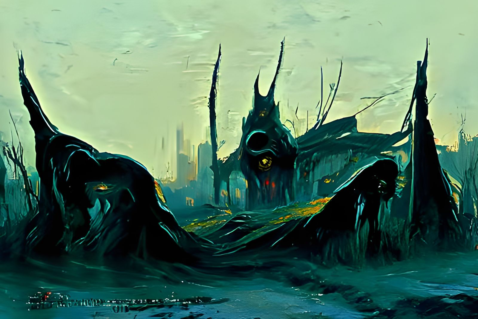 Surreal Steampunk Landscape with Emerging Figures